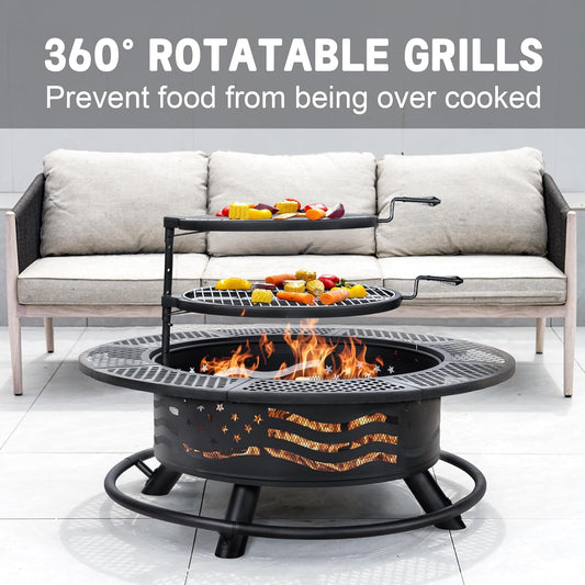 42 Inch Fire Pit with 2 Cooking Grates, Outdoor Wood Burning BBQ Grill Firepit Bowl with Cover Lid, Steel round Table for Backyard Bonfire Patio Picnic (Black, 42)