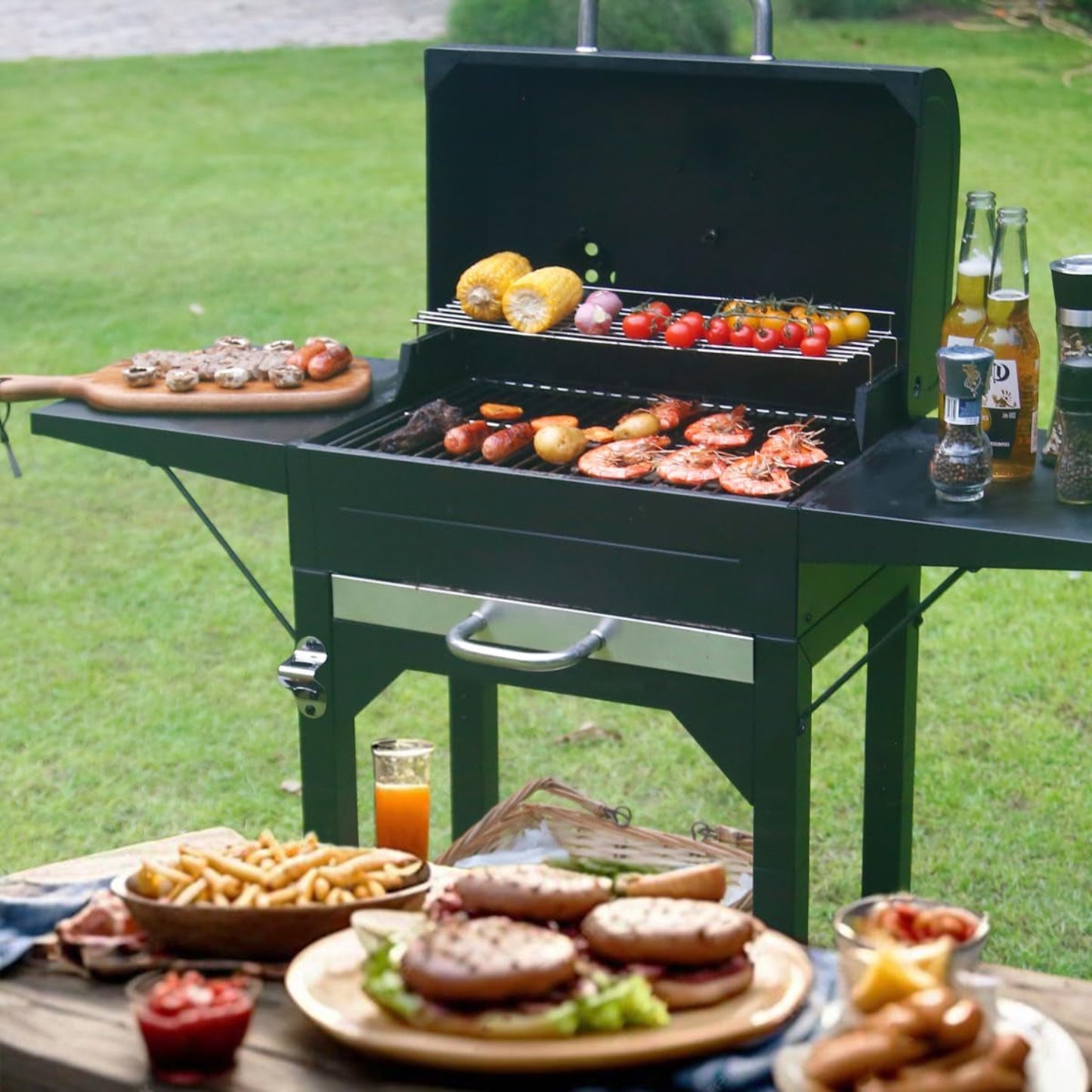 Charcoal Grills with Two Side Tables, 332 SQIN Cooking Area Outdoor Smoker Barbecue Bbq Grill for Camping, Patio,Backyard Party, Picnic, Black