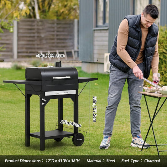 Charcoal Grills with Two Side Tables, 332 SQIN Cooking Area Outdoor Smoker Barbecue Bbq Grill for Camping, Patio,Backyard Party, Picnic, Black