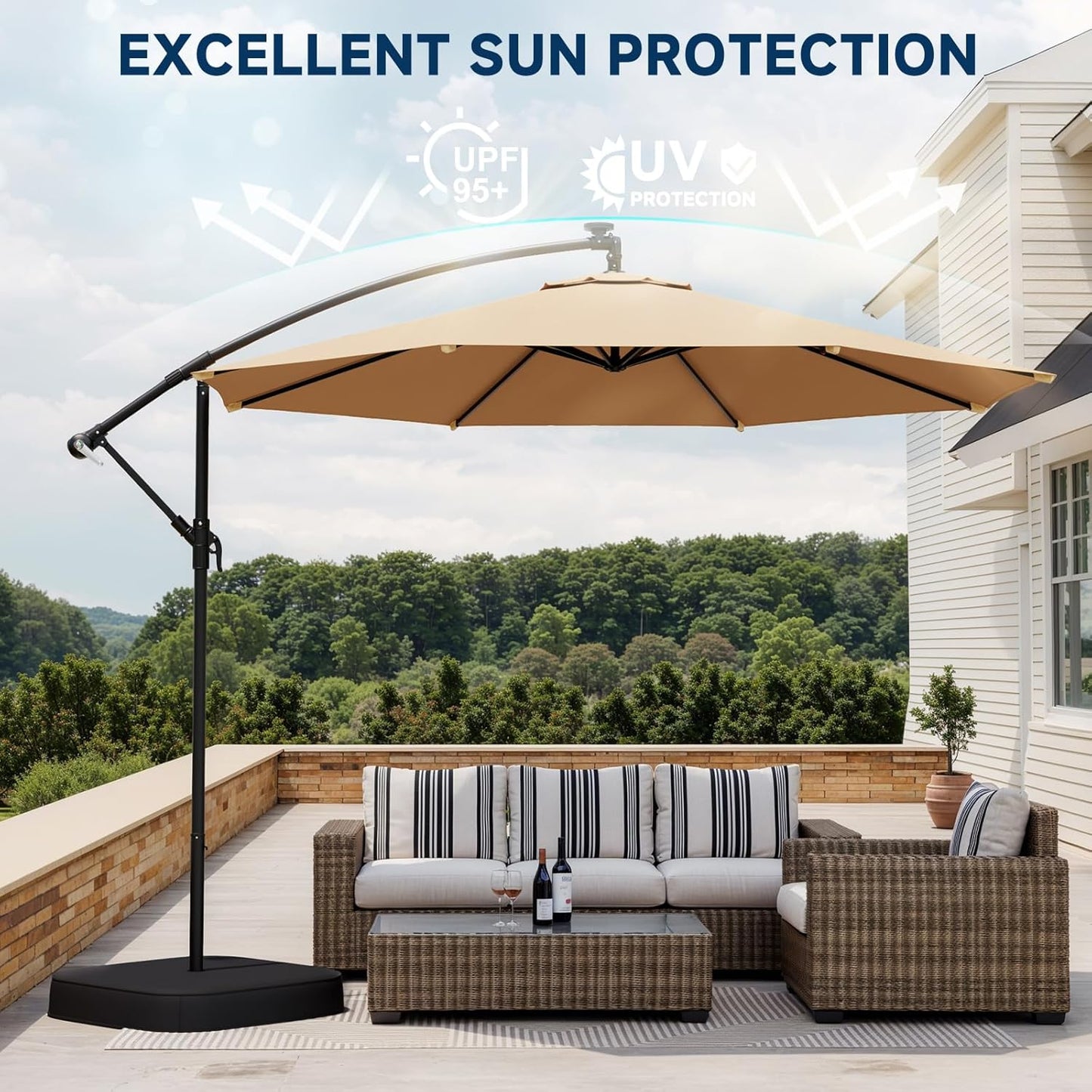10Ft Patio Umbrella with Base Included, Outdoor Offset Cantilever Umbrella, Infinite Tilt, UV Protection for Backyard, Lawn, Garden & Pool, Beige