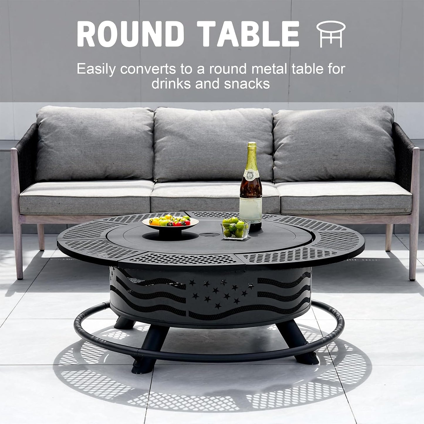 42 Inch Fire Pit with 2 Cooking Grates, Outdoor Wood Burning BBQ Grill Firepit Bowl with Cover Lid, Steel round Table for Backyard Bonfire Patio Picnic (Black, 42)