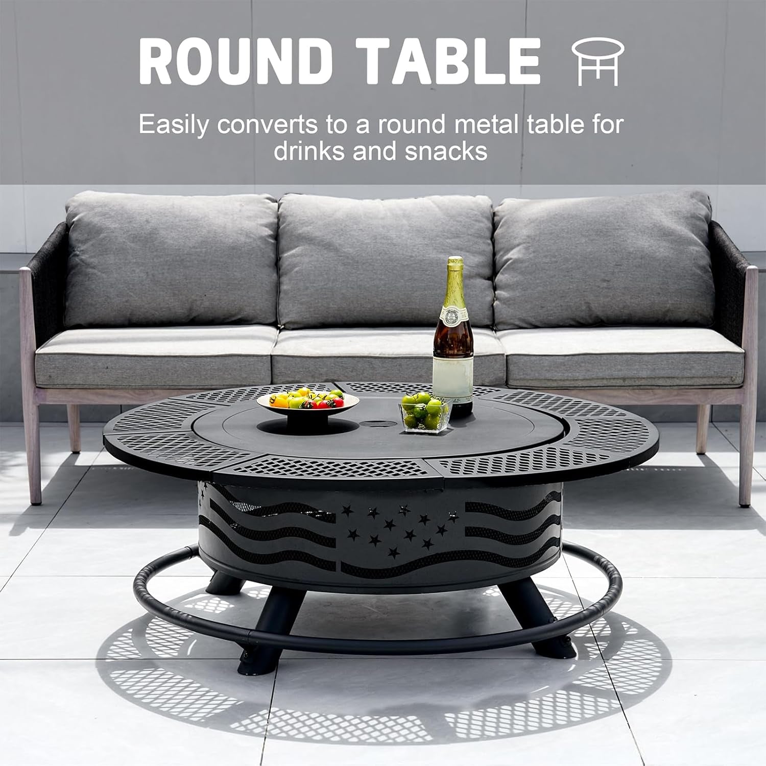 42 Inch Fire Pit with 2 Cooking Grates, Outdoor Wood Burning BBQ Grill Firepit Bowl with Cover Lid, Steel round Table for Backyard Bonfire Patio Picnic (Black, 42)
