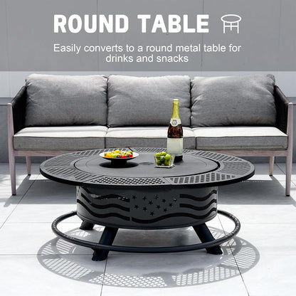 42 Inch Fire Pit with 2 Cooking Grates, Outdoor Wood Burning BBQ Grill Firepit Bowl with Cover Lid, Steel round Table for Backyard Bonfire Patio Picnic (Black, 42)