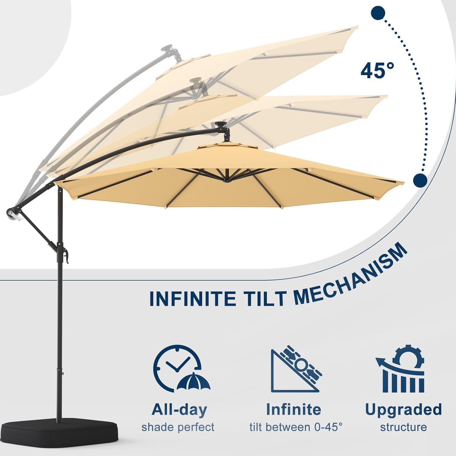 10Ft Patio Umbrella with Base Included, Outdoor Offset Cantilever Umbrella, Infinite Tilt, UV Protection for Backyard, Lawn, Garden & Pool, Beige