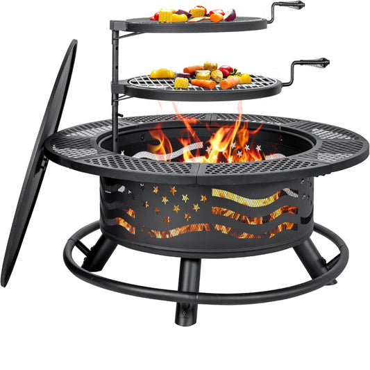 42 Inch Fire Pit with 2 Cooking Grates, Outdoor Wood Burning BBQ Grill Firepit Bowl with Cover Lid, Steel round Table for Backyard Bonfire Patio Picnic (Black, 42)