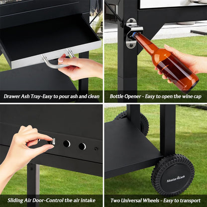 Charcoal Grills with Two Side Tables, 332 SQIN Cooking Area Outdoor Smoker Barbecue Bbq Grill for Camping, Patio,Backyard Party, Picnic, Black
