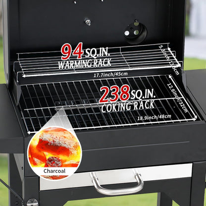 Charcoal Grills with Two Side Tables, 332 SQIN Cooking Area Outdoor Smoker Barbecue Bbq Grill for Camping, Patio,Backyard Party, Picnic, Black