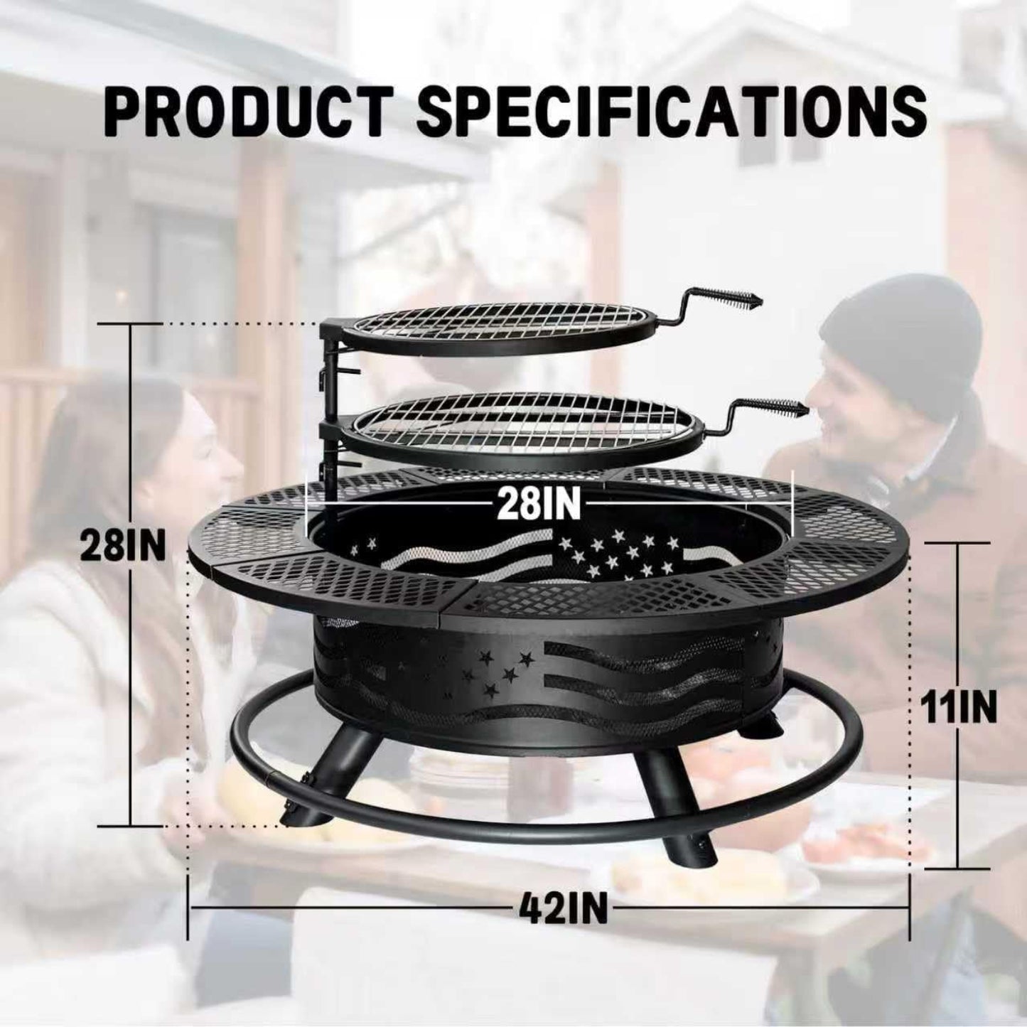42 Inch Fire Pit with 2 Cooking Grates, Outdoor Wood Burning BBQ Grill Firepit Bowl with Cover Lid, Steel round Table for Backyard Bonfire Patio Picnic (Black, 42)